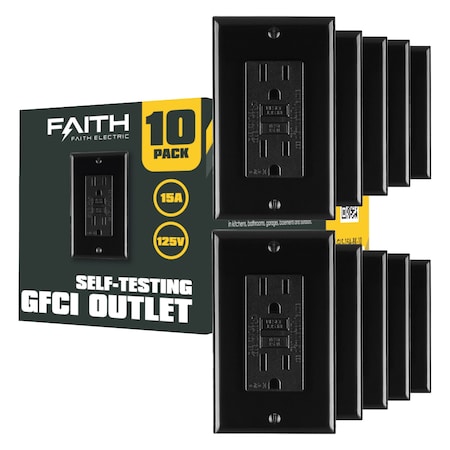 Faith 15A 125-Volt GFCI Duplex Outlet, Non-Tamper-Resistant GFI Receptacles, LED Indicator, Black, 10PK GLS-15A-BK-10